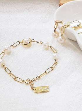 LINRUNG珍珠手链女夏高级感轻奢小众精致手镯潮金色链条拼接手饰