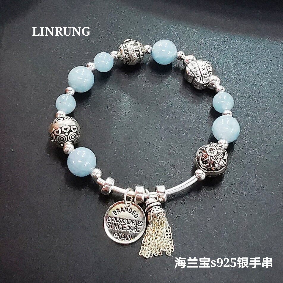 LINRUNG海蓝宝925银手圈手链原创设计复古手串送闺密生日礼物