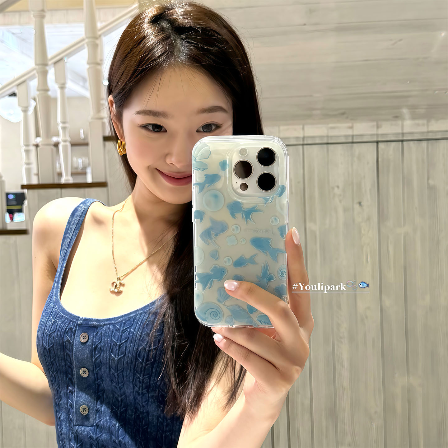 ins小众夏日少女清新蓝色金鱼15适用16pro苹果16ProMax手机壳iPhone16全包14新款14Promax保护套13韩
