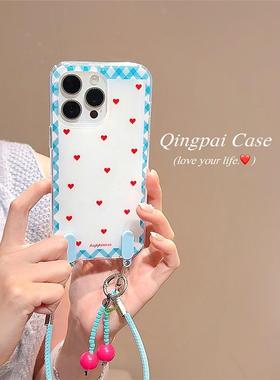 ins风格纹红色爱心带挂绳适用苹果16promax手机壳iphone13新款15pro女款14简约少女心小众双层壳全包硬壳
