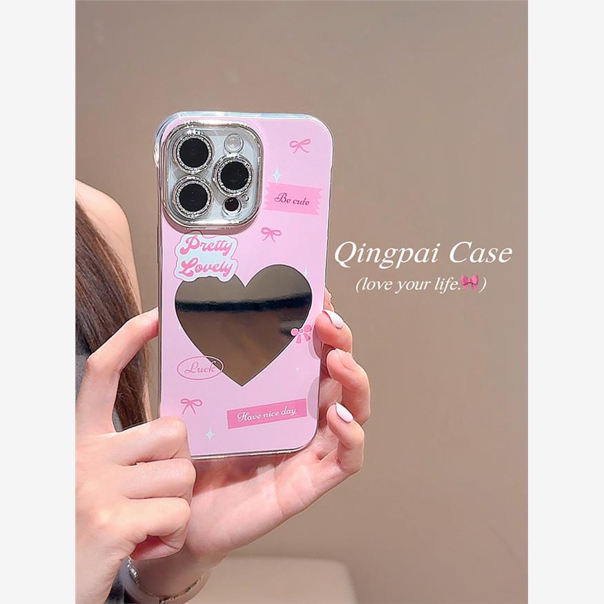 少女镜面粉色爱心适用苹果16promax手机壳iphone13新款15pro女款14简约小众创意12自带镜头膜11半包硬壳