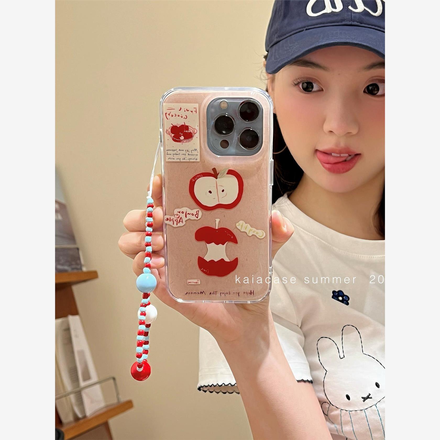 小众艺术油画红苹果插画适用苹果16promax手机壳iphone13新款15女14pro带链条16pro全包双层防摔手机套