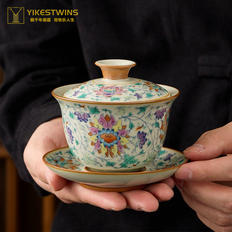 高档泡茶碗陶瓷功夫茶具三才盖碗