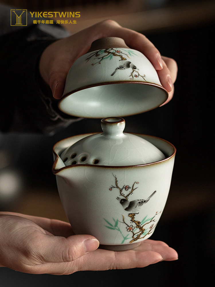 高端手工陶瓷功夫茶具套装旅行茶具汝窑开片可养快客杯一壶二杯