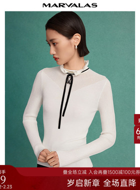 曼德诗花边领设计针织衫2025秋季新款纯色上衣法式飘带套头打底衫