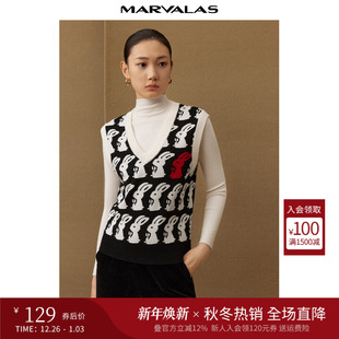 曼德诗V领针织马甲2025冬季 撞色兔子印花绵羊毛精纺套头背心 新品