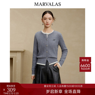 曼德诗100%绵羊毛撞色针织衫2025冬季新款时尚减龄上衣女开衫外套