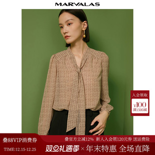 印花衬衣复古雪纺上衣V领 新款 曼德诗飘带衬衫 女洋气2025秋季