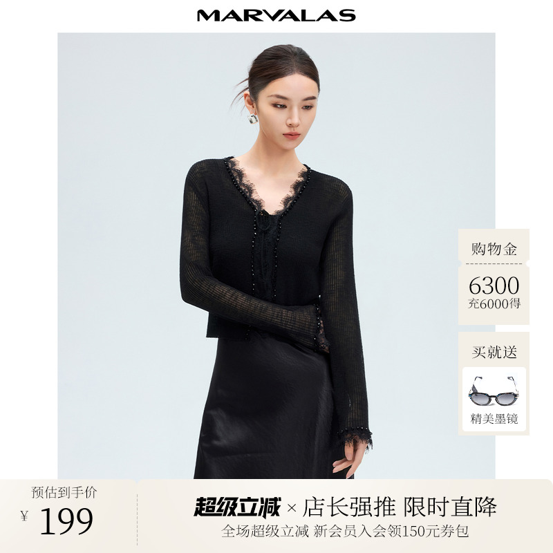 曼德诗纯色针织衫2025夏季新款时尚蕾丝拼接设计披肩百搭显瘦开衫