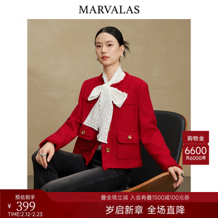 曼德诗小香风短外套2025冬季新款时尚绵羊毛混纺气质短款红色大衣