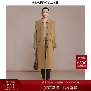 曼德诗长款毛呢外套2024冬季新款100%绵羊毛设计感披肩双面呢大衣