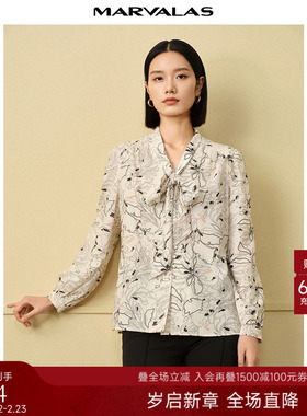 曼德诗法式飘带领衬衫2025秋季新品时尚复古花卉艺术印花雪纺衬衣