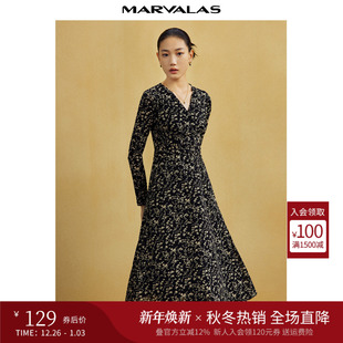 长袖 新品 收腰浪漫茶歇长裙 复古印花V领连衣裙2025秋季 曼德诗法式