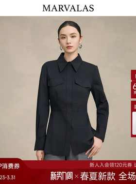 曼德诗黑色通勤衬衫2026春季新款收腰显瘦衬衣女ol设计感上衣