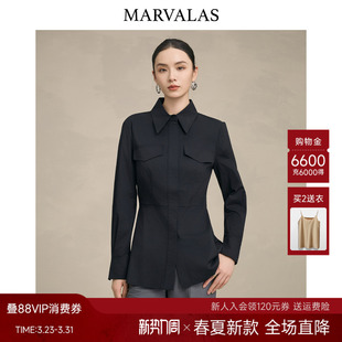 收腰显瘦衬衣女ol设计感上衣 新款 曼德诗黑色通勤衬衫 2026春季