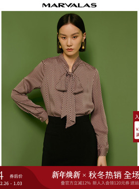 曼德诗印花衬衫女2025冬季新款气质长袖衬衣设计感优雅飘带雪纺衫