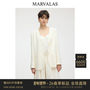 MarvalasV领廓形西服2026春季新款天丝亚麻混纺气质士西装外套