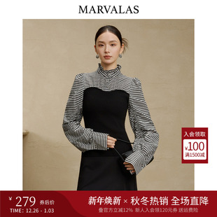 黑白格撞色拼接套头衫 新款 上衣女 2025冬季 曼德诗绵羊毛混纺针织衫