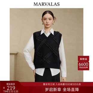 曼德诗绵羊毛混纺针织衫马甲2025冬季新款上衣女V领无袖叠穿背心