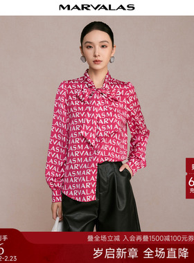 曼德诗设计感衬衫2024冬季新品字母印花雪纺长袖花色飘带OL衬衣