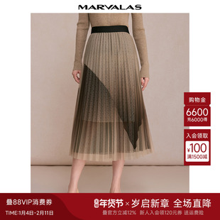 曼德诗高腰半身裙2025秋季新款时尚波点网纱拼接设计A字百褶长裙