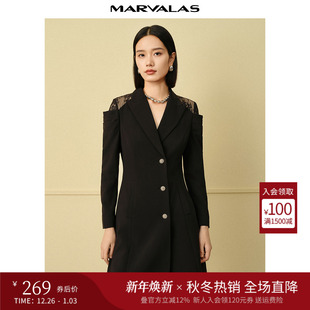 V领设计感露肩蕾丝拼接西装 时尚 裙 新品 曼德诗纯色连衣裙2025秋季