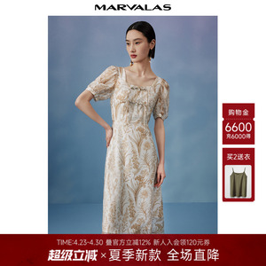 曼德诗方领莱赛尔天丝连衣裙夏季新款短袖新中式印花收腰长裙