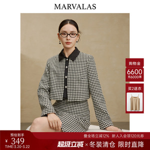 曼德诗千鸟格时尚套装2025冬季新款黑白撞色短外套连衣裙两件套女