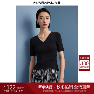 层次感简约通勤上衣 设计感短袖 曼德诗纯色V领针织T恤2025秋季 新款