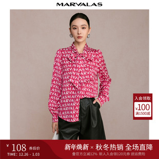 字母印花雪纺长袖 新品 花色飘带OL衬衣 2024冬季 曼德诗设计感衬衫