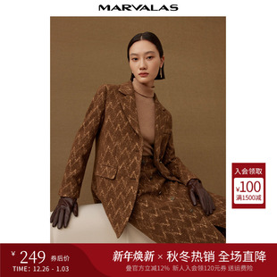 针织棉质绵羊毛混纺西服 新品 曼德诗复古人字纹西装 外套女2025冬季