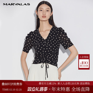 V领抽绳雪纺上衣设计感小众衬衫 曼德诗黑色波点小衫 女夏法式