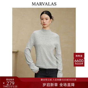 曼德诗100%绵羊毛套头衫2025冬季新款时尚半高领字母印花针织衫女