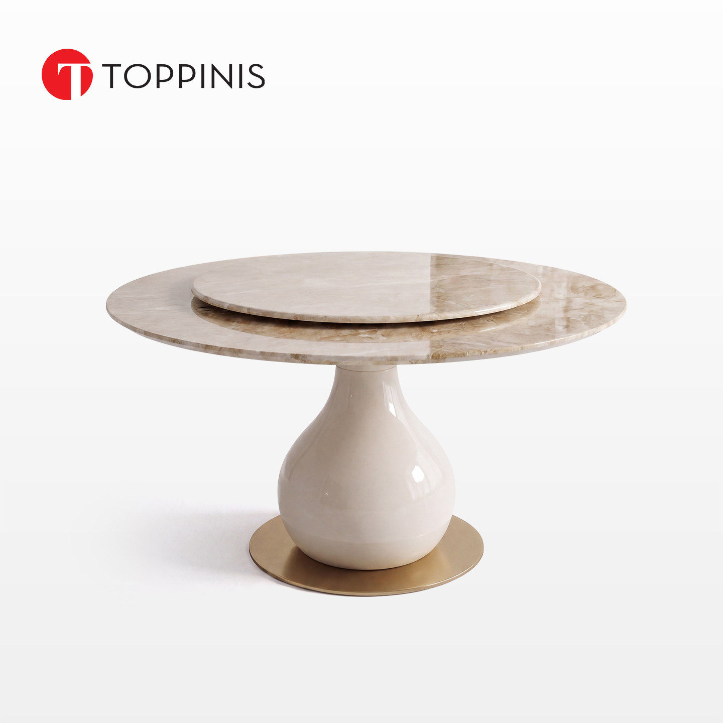 Toppinis白云纱天然大理石圆形餐桌大平层高端天然奢石转盘餐桌子