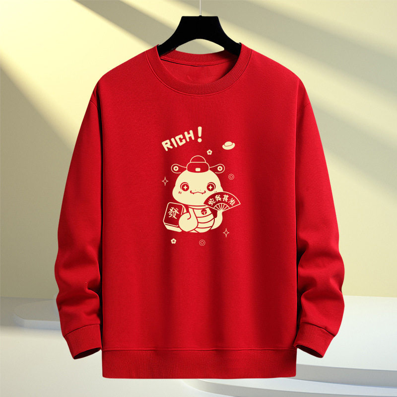 2025本命年大红色卫衣加绒男女士圆领无帽蛇年上衣加厚年会班服