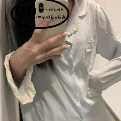 日本GP纯蓝开衫睡衣春秋季新款