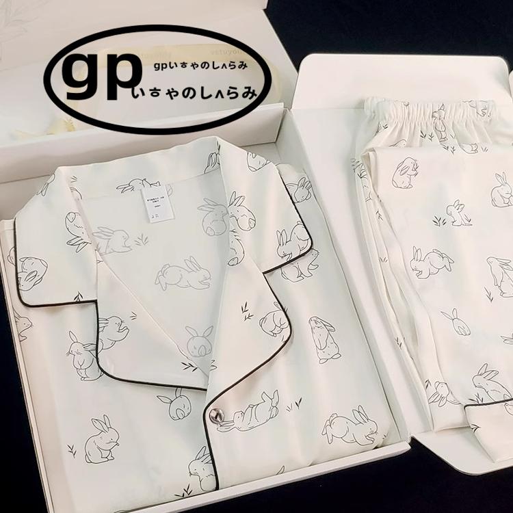日本gp冰丝睡衣女士长袖白色兔子