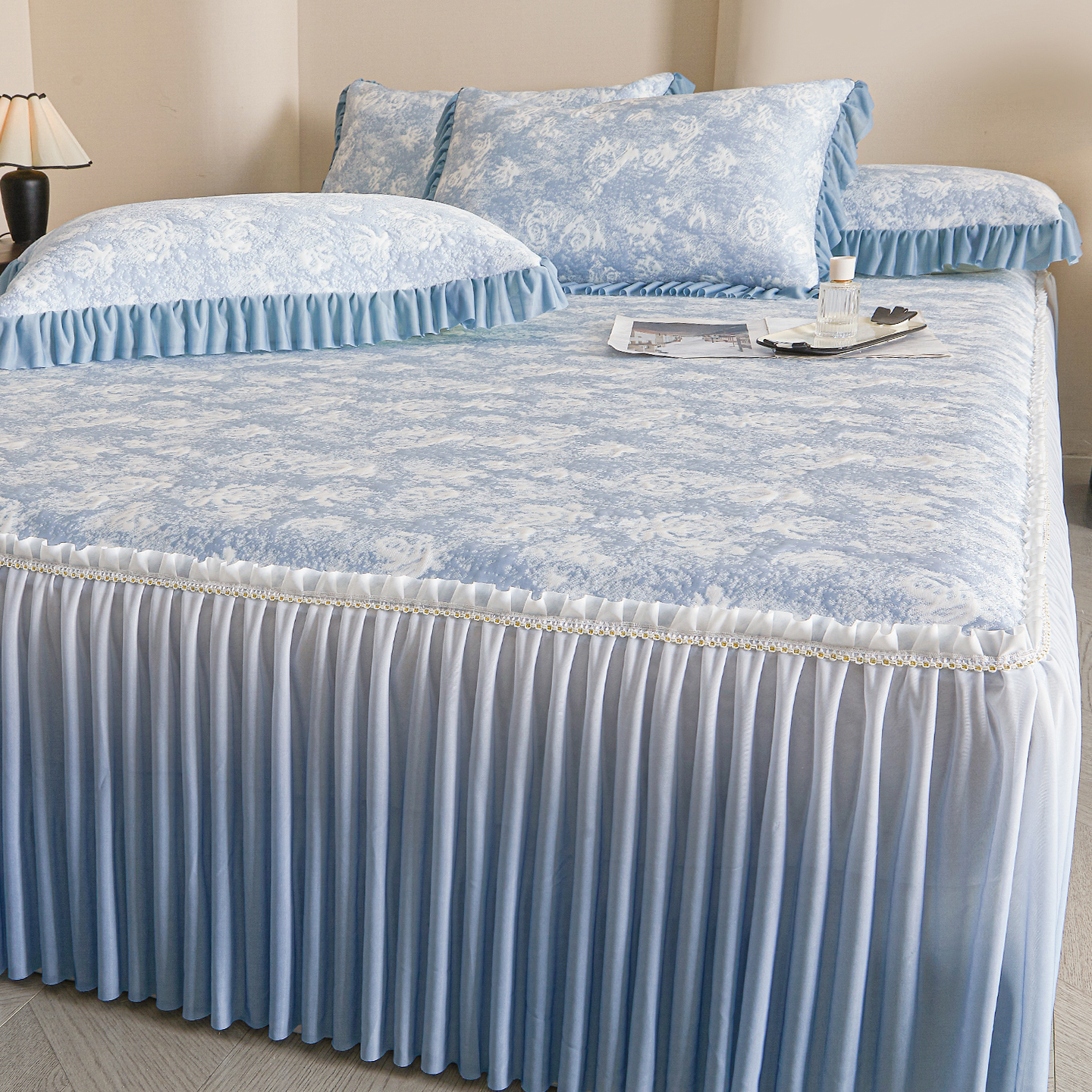 A类法式蓝玫瑰冰丝凉席床裙款三件套夏季冰豆豆空调软席子可机洗