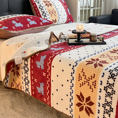 圣诞风一面牛奶绒一面纯棉床盖