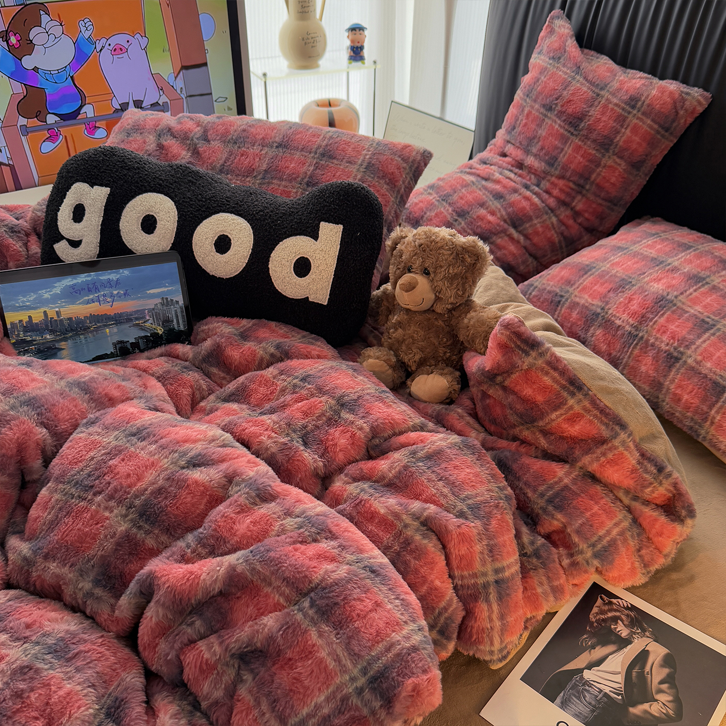 红格子兔毛绒牛奶绒四件套床上珊瑚绒冬天超柔软加绒被套床单三件