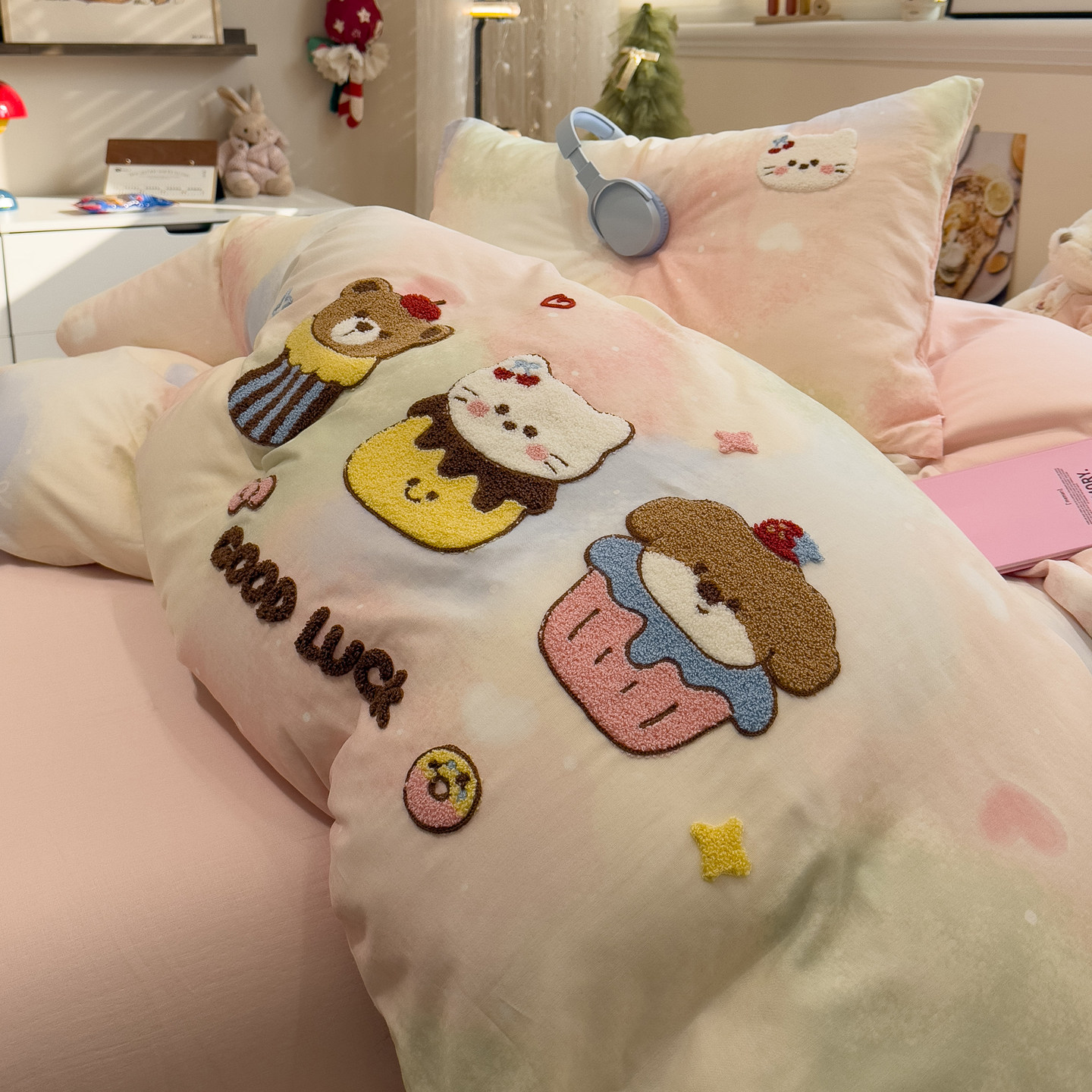 卡通可爱全棉双层纱四件套纯棉纱布被套床单床笠毛巾绣床上三件套,床上用品,床品套件/四件套/多件套,淘宝优惠券,粉丝福利购,淘宝优惠卷