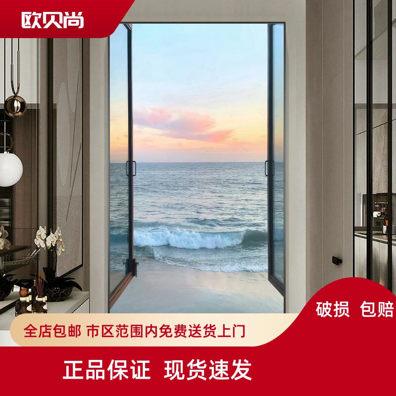 大海沙滩空间延伸感仿假窗户装饰画海浪玄关挂画流水生财窗子壁画