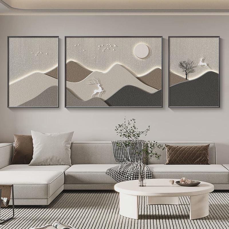现代简约客厅装饰画金山福禄沙发背景墙壁画轻奢高档三联组合挂画