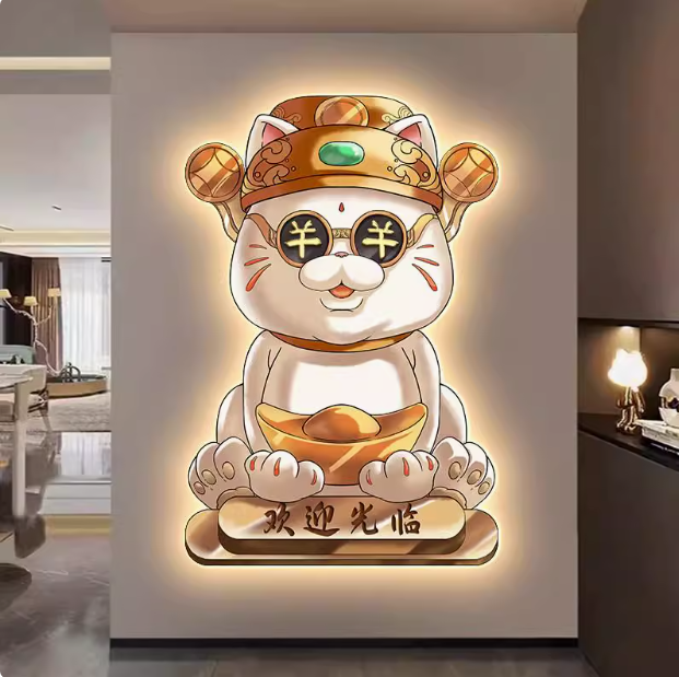 招财猫玄关装饰画现代入户正对门客厅过道墙发光画棋牌室饭店壁画图片