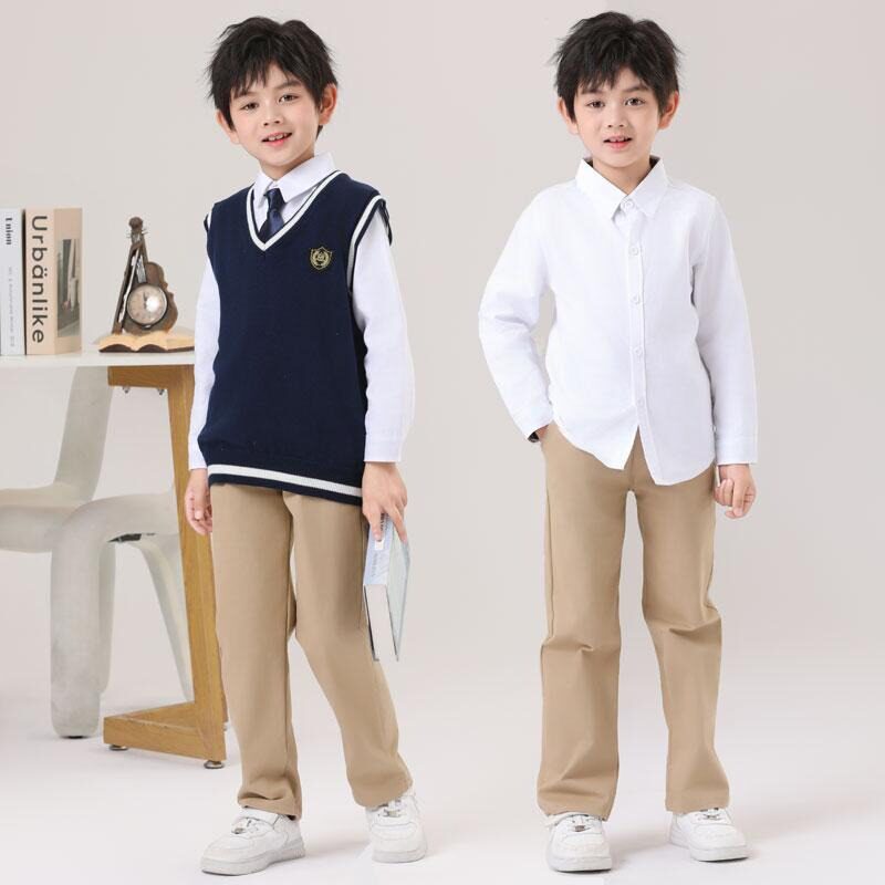 男童白衬衫校服套装春秋季纯棉儿童白衬衣卡其色裤子大合唱演出服