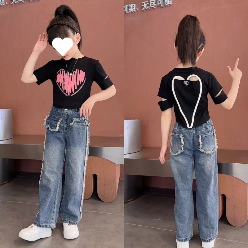 女童夏款套装2025新款洋气女中大童夏季时髦儿童牛仔阔腿裤