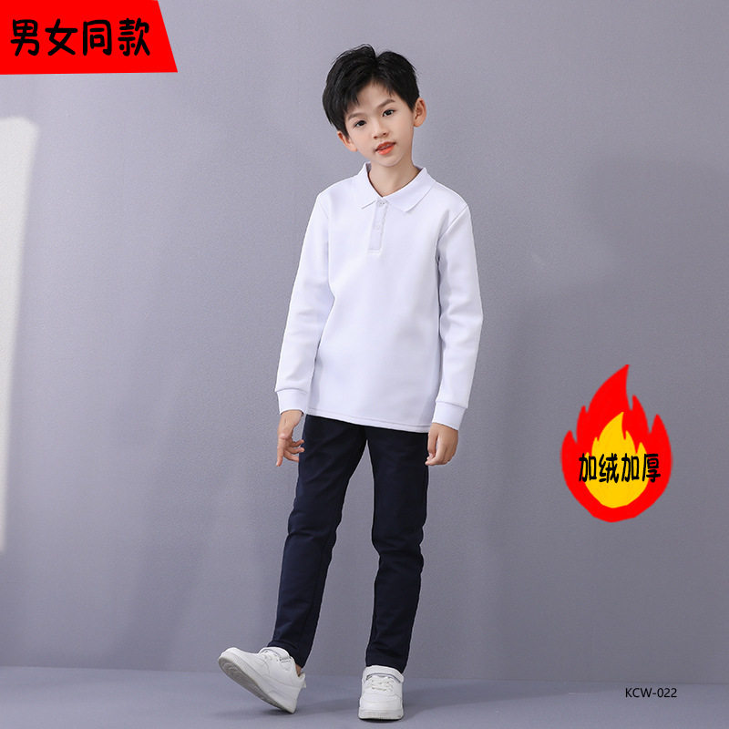 砍柴娃男童白色polo衫秋冬儿童长袖加绒女童校服白t秋运动服班服
