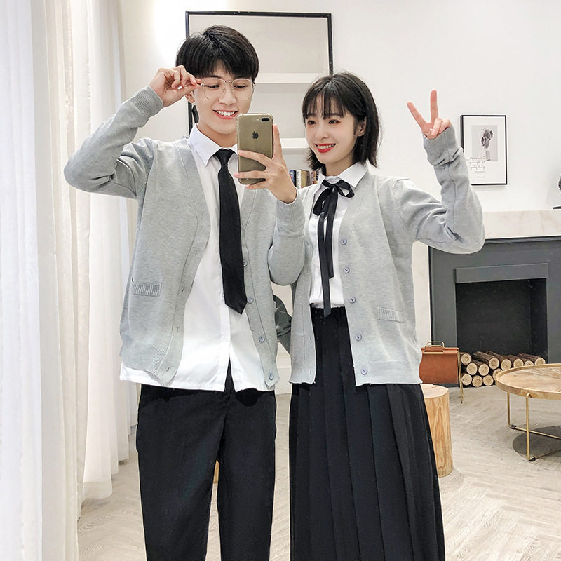 学院风灰开衫毛衣百褶裙丝带套装日系秋冬JK制服打底外穿班服校服