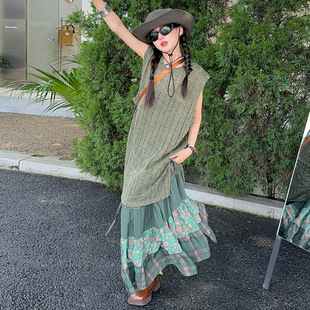 女童套装夏季新款2025儿童连衣裙蕾丝镂空背心半身裙两件套长款