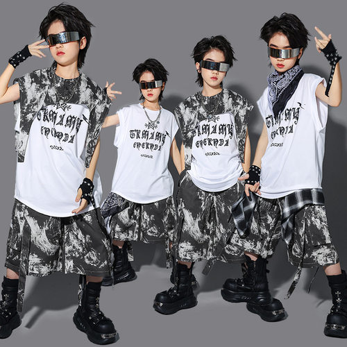 儿童街舞迷彩演出服男童hiphop嘻哈马甲套装少儿表演服装男孩